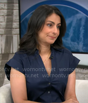 Dr Celine Gounder’s navy shirtdress on CBS Mornings