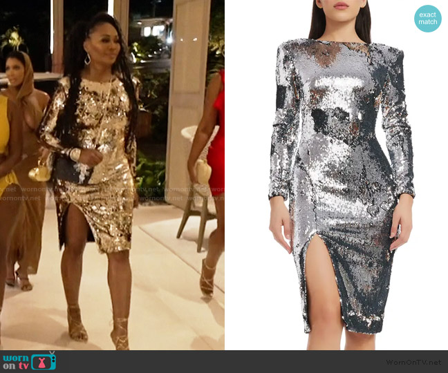 Dress the Population Natalie Sequin Long Sleeve Dress worn by Cynthia Bailey on The Real Housewives of Atlanta