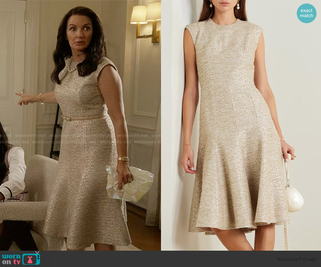 Emilia Wickstead Denver metallic boucle-tweed midi dress worn by Charlotte York (Kristin Davis) on And Just Like That