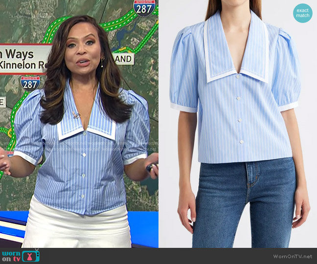 Frame The Stripe Cotton Sailor Button-Up Shirt in Oxford Blue Multi worn by Adelle Caballero on Today