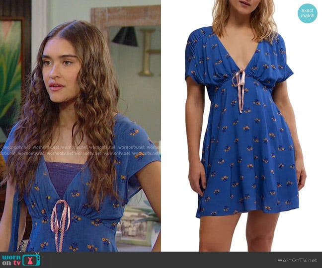 Free People Everyone's Favorite Minidress in Dutch Blue Combo worn by Arianna Horton (Marissa Reyes) on Days of our Lives