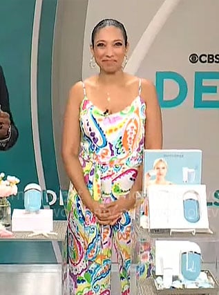 Gabrielle Kerr’s colorful paisley jumpsuit on CBS Mornings