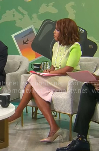 Gayle King’s green and pink ribbed top and skirt set on CBS This Morning