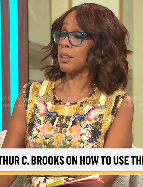Gayle King’s mirrored bird and flower print dress on CBS Mornings