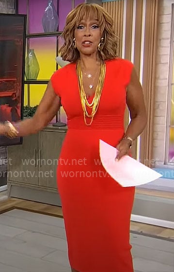Gayle King’s red v-neck sheath dress on CBS Mornings