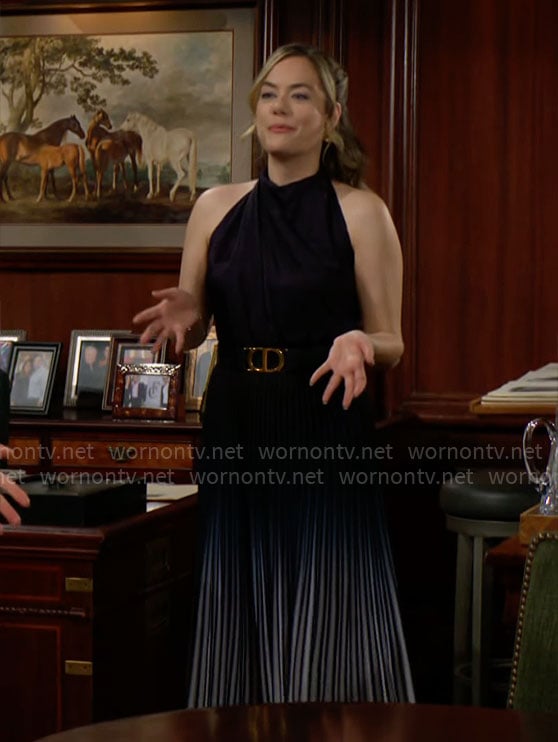 Hope’s navy draped top and pleated skirt on The Bold and the Beautiful