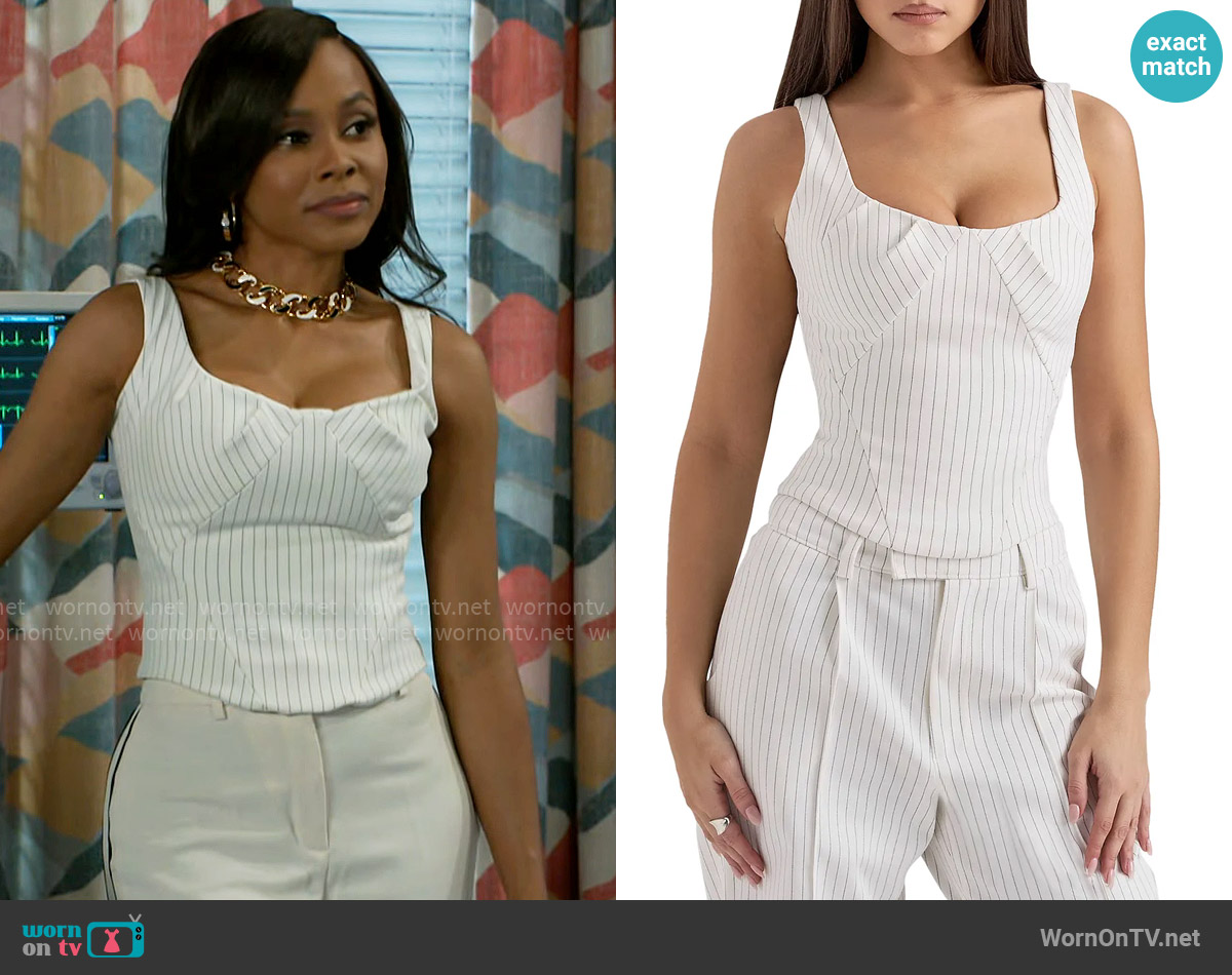 House of CB Selma Lace-Up Corset Top worn by Hayley Lawson (Marquita Goings) on Beyond the Gates
