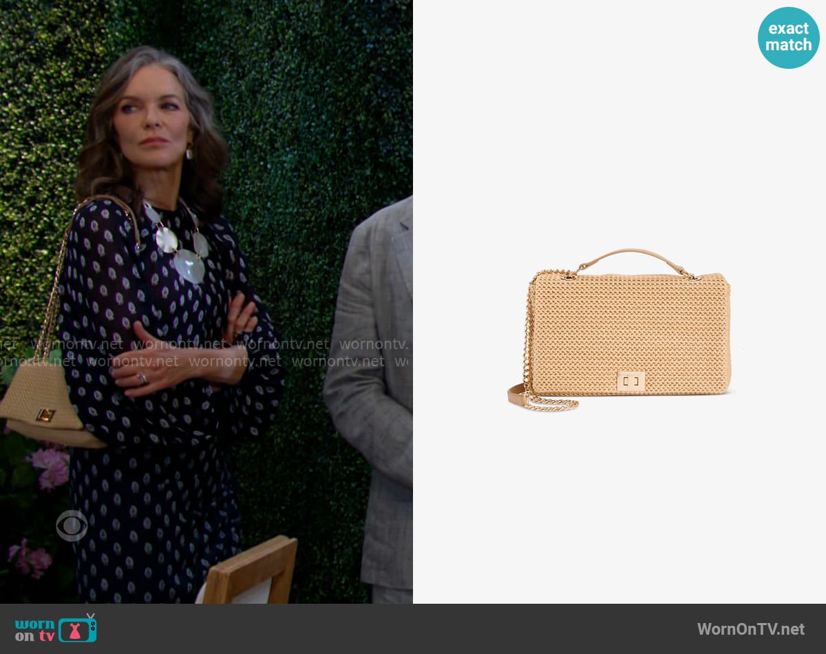 INC International Concepts Ajae Flap Straw Crossbody worn by Diane Jenkins (Susan Walters) on The Young and the Restless
