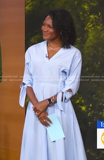 Janai’s blue striped bow sleeve dress on Good Morning America