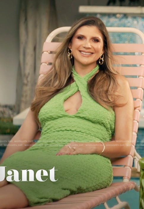 Janet’s green textured halter dress on The Valley