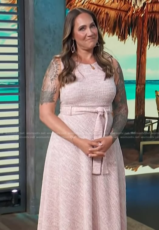 Jene Luciani Sena’s sleeveless knit tie waist dress on Access Hollywood