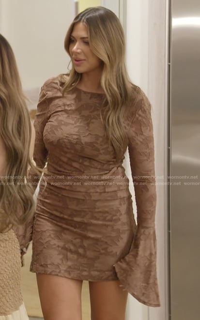Jessi’s brown floral bell sleeve dress on The Secret Lives of Mormon Wives