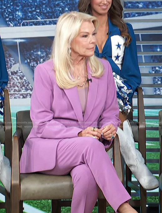 Judy Trammell’s purple blazer and pants on Access Hollywood