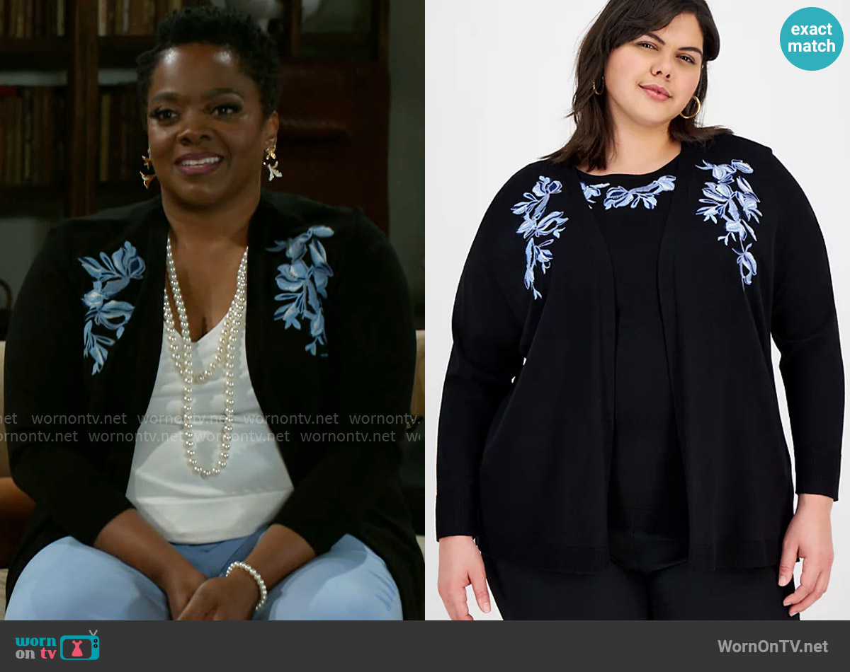 Kasper Embroidered Open-Front Cardigan worn by Mona Wilson (Karan Kendrick) on Beyond the Gates