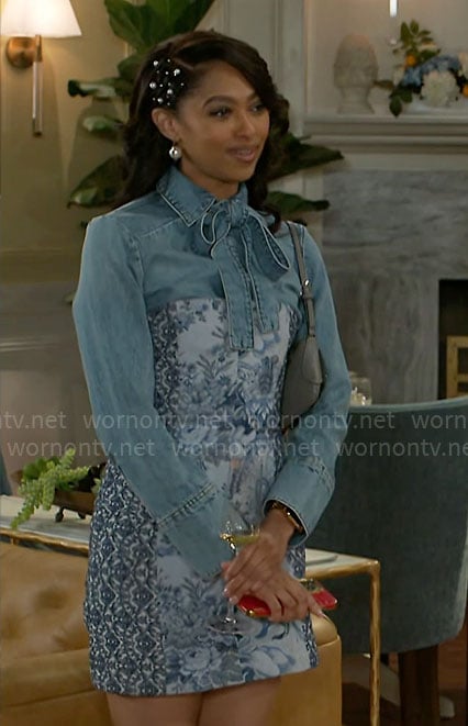 Kat’s denim tie-neck shirt and patchwork mini dress on Beyond the Gates