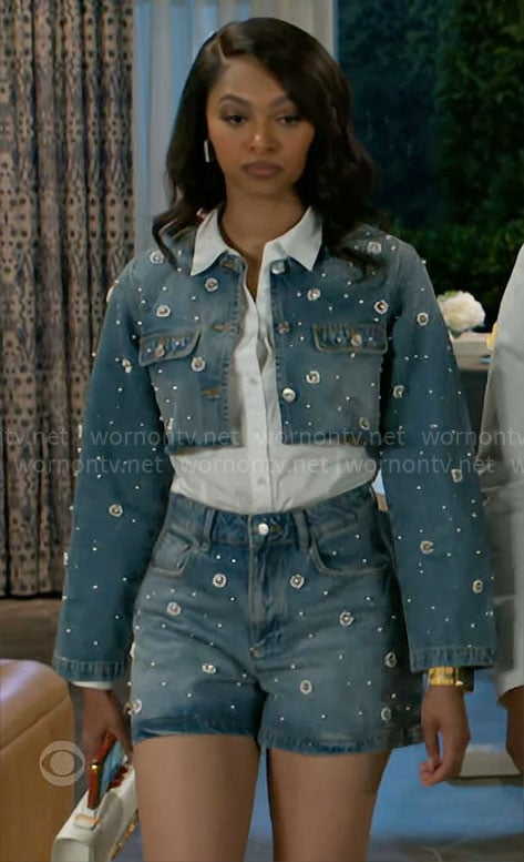 Kat’s embellished denim jacket and shorts set on Beyond the Gates