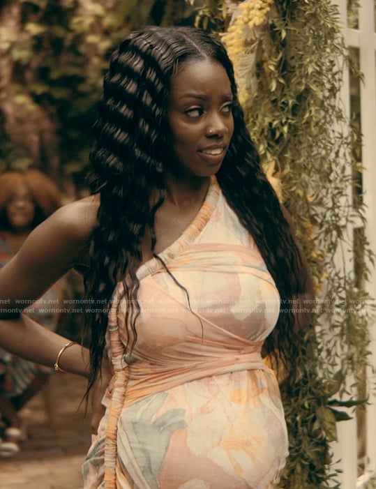 Kiesha’s floral one shoulder dress on The Chi
