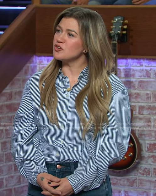 Kelly’s blue striped shirt on The Kelly Clarkson Show