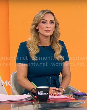 Kelly O’Grady’s teal short sleeve dress on CBS Mornings