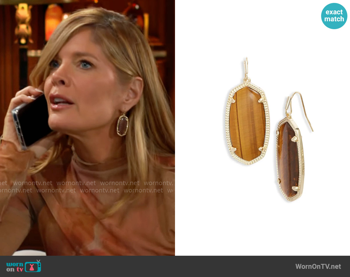 Kendra Scott Elle Earrings in Brown Tigers Eye/ Gold worn by Phyllis Summers (Michelle Stafford) on The Young and the Restless