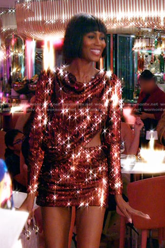 Kiki’s brown sequin cutout mini dress on The Real Housewives of Miami