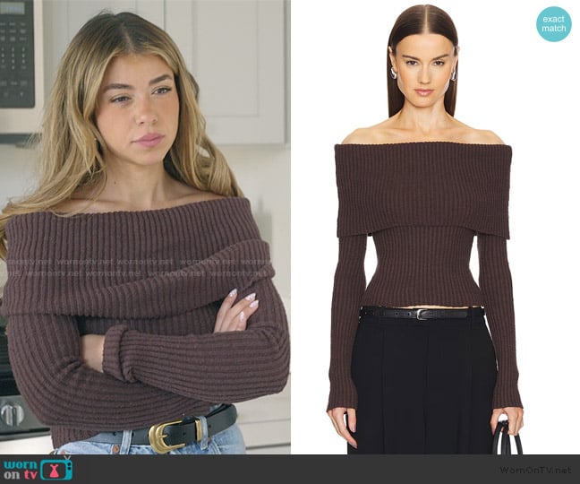 L'Academie by Marianna Namir Off Shoulder Sweater worn by Jen Affleck on The Secret Lives of Mormon Wives