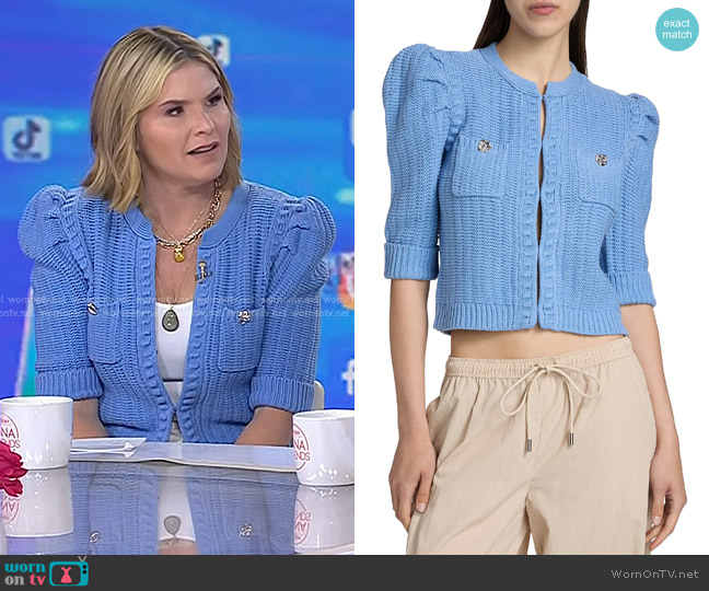 L'Agence Delilah Cropped Textured Cardigan in Soft Blue Nickel worn by Jenna Bush Hager on Today