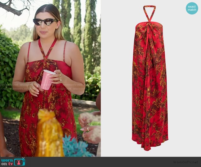L'Agence Geneva Red Jungle Halter Maxi Dress worn by Janet Caperna on The Valley