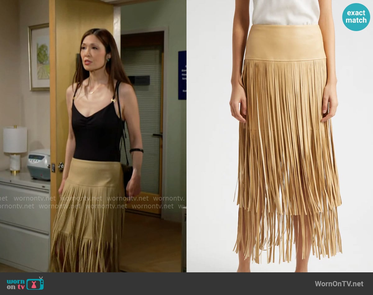 L'Agence Karolina Fringe Tiered Midi Skirt worn by Penelope Poppy Nozawa (Romy Park) on The Bold and the Beautiful