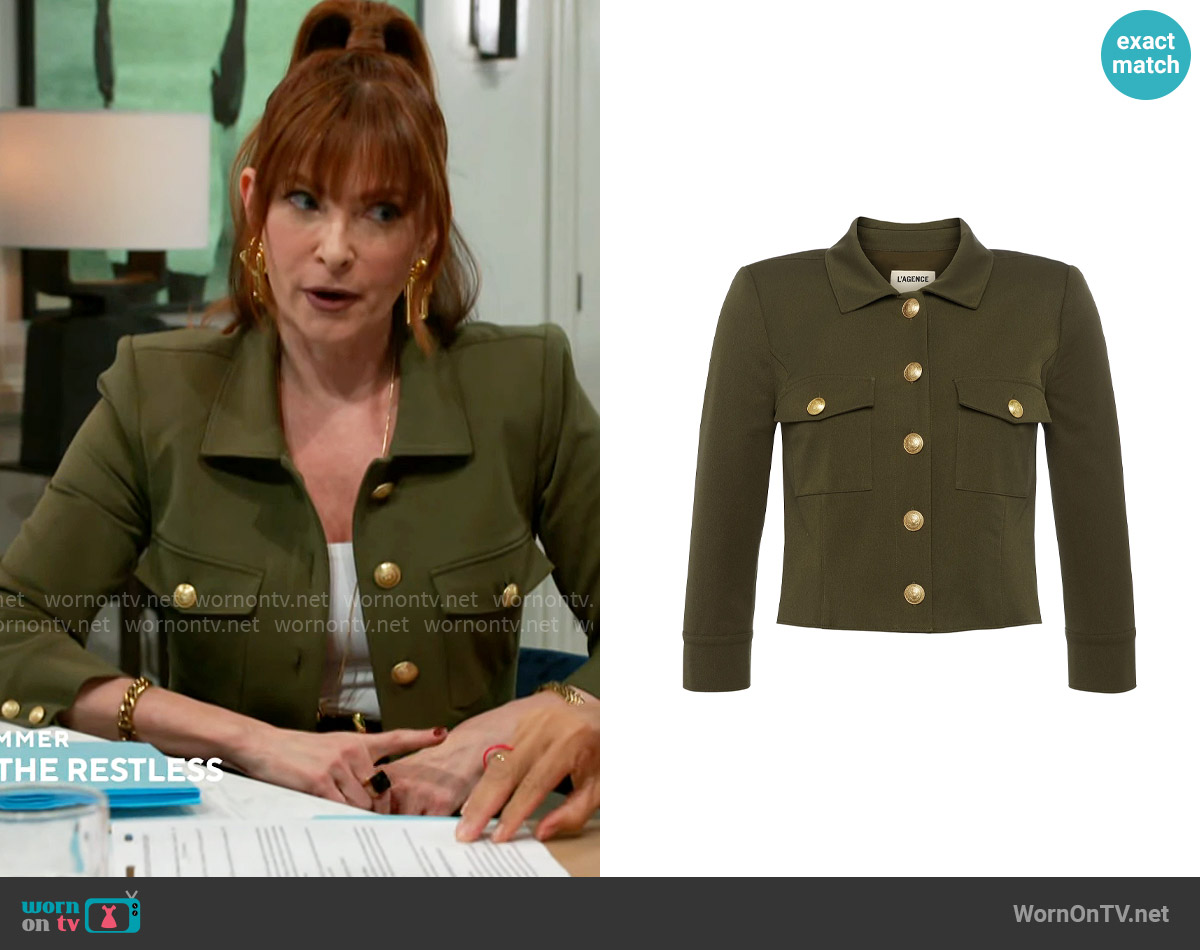L'Agence Kumi Twill Crop Jacket in Ivy Green worn by Pamela Curtis (Cady McClain) on Beyond the Gates