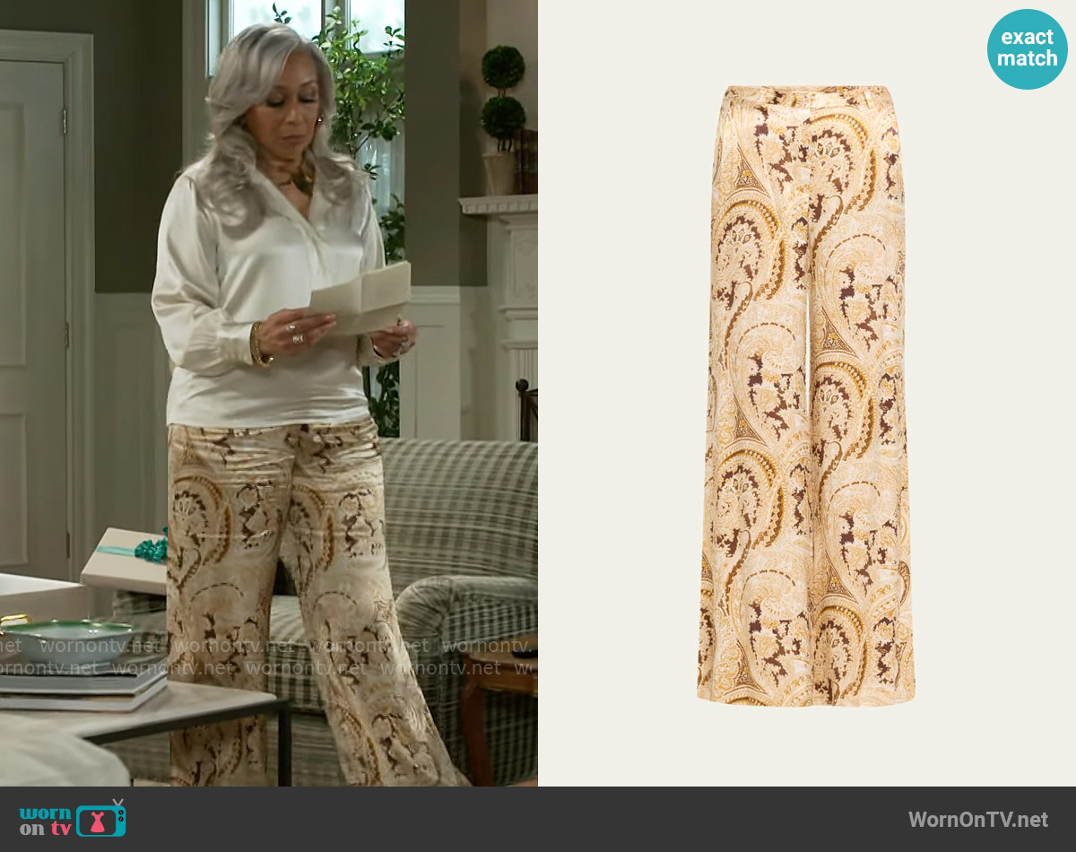Pilar Paisley Wide-Leg Silk Pants worn by Anita Dupree (Tamara Tunie) on Beyond the Gates