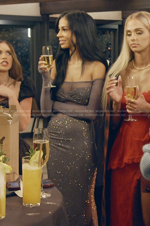 Layla’s gray metallic mesh dress on The Secret Lives of Mormon Wives