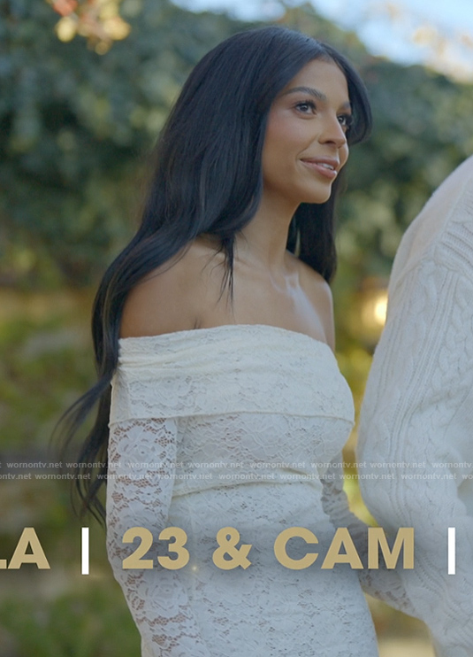 Layla’s white lace off shoulder dress on The Secret Lives of Mormon Wives