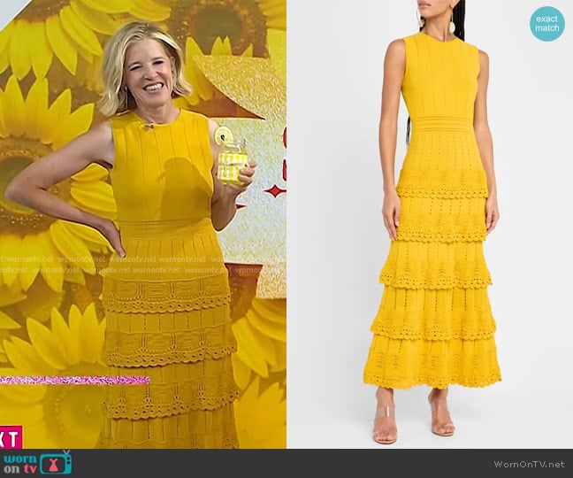Lela Rose Crochet Ruffle Pointelle Knit Sleeveless Midi Dress in Mustard worn by Lela Rose on Today