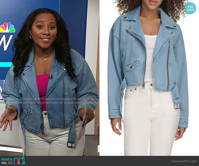 Levi's Denim Crop Moto Jacket worn by Kay Angrum on NBC News Daily