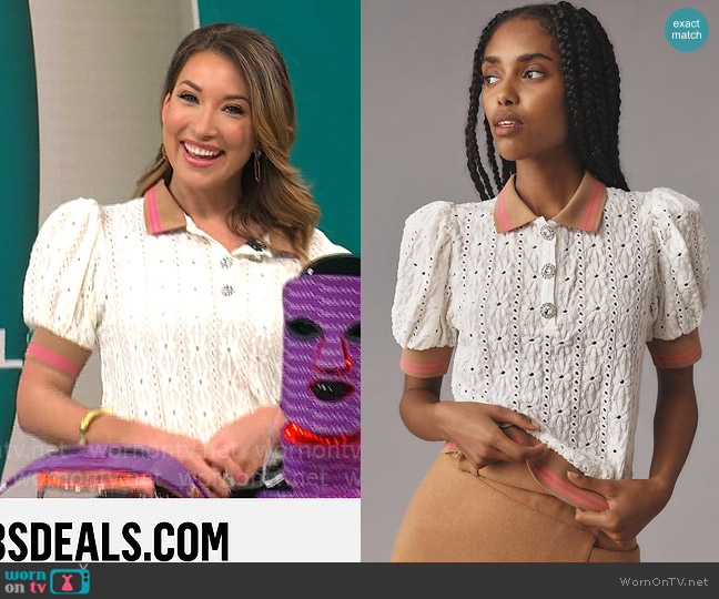 Maeve Puff-Sleeve Lace Polo Top worn by Courtney Cason on CBS Mornings