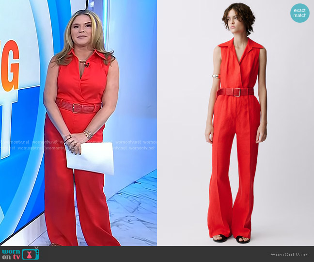 Mango Linen Shirt Jumpsuit with Belt in Red worn by Jenna Bush Hager on Today