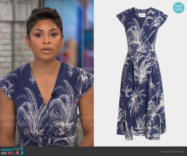 Marella Belted Palm Tree-Print Midi Dress worn by Jericka Duncan on CBS Mornings