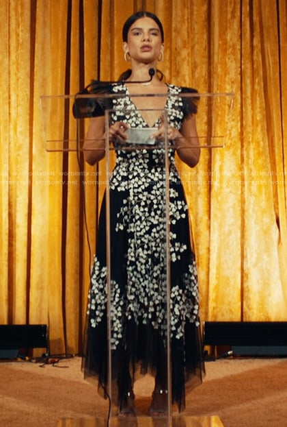 Maria’s black floral v-neck dress on The Better Sister