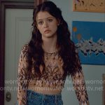 Maxine’s printed mesh top and denim skirt on Ginny & Georgia