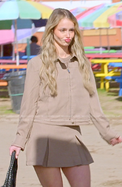 Mikayla’s brown jacket and mini skirt on The Secret Lives of Mormon Wives