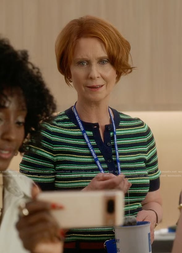 Miranda’s green stripe short sleeve sweater on And Just Like That