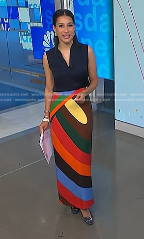 Morgan’s navy sleeveless top and multicolored print skirt on NBC News Daily