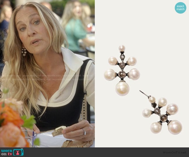 Nakard Radiant Earrings with Pearls, Black Moonstone and Enamel worn by Carrie Bradshaw (Sarah Jessica Parker) on And Just Like That