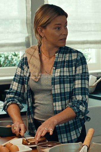 Nicky’s blue plaid band collar shirt on The Better Sister