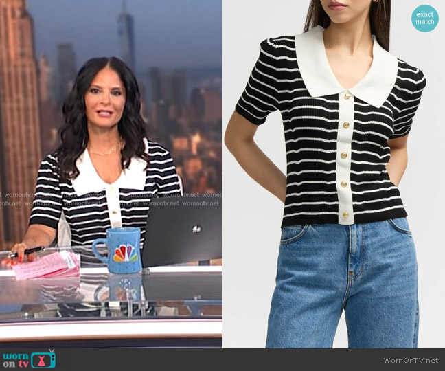 NVLT Stripe Short Sleeve Sweater in Black/ Marshmallow Stripe worn by Darlene Rodriguez on Today