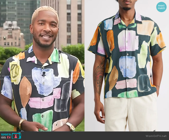 Obey Jems Abstract Print Cotton Seersucker Camp Shirt worn by Scott Evans on Access Hollywood