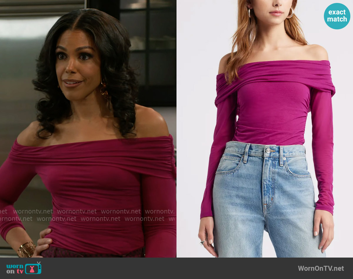 Open Edit Off the Shoulder Knit Top in Purple Magenta worn by Dani Dupree (Karla Mosley) on Beyond the Gates