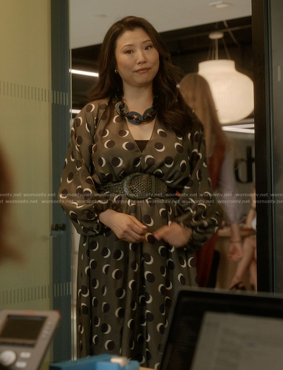 Printed v-neck dress on And Just Like That
