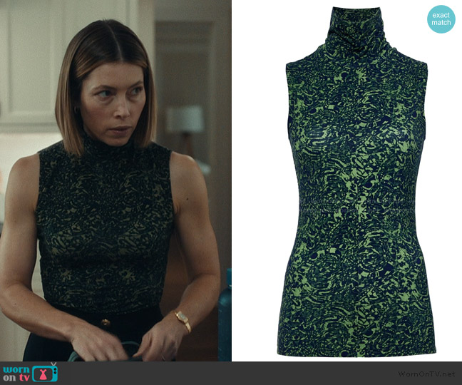 Proenza Schouler Abstract-print high-neck top worn by Chloe Taylor (Jessica Biel) on The Better Sister
